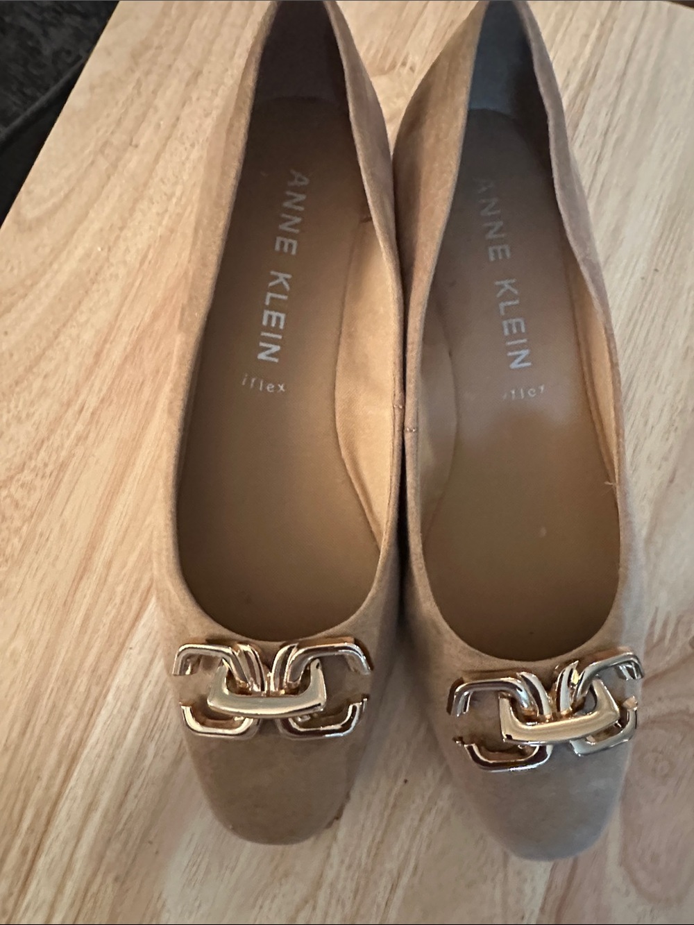 Anne Klein Taupe Suede Flats with Gold Chain Accent